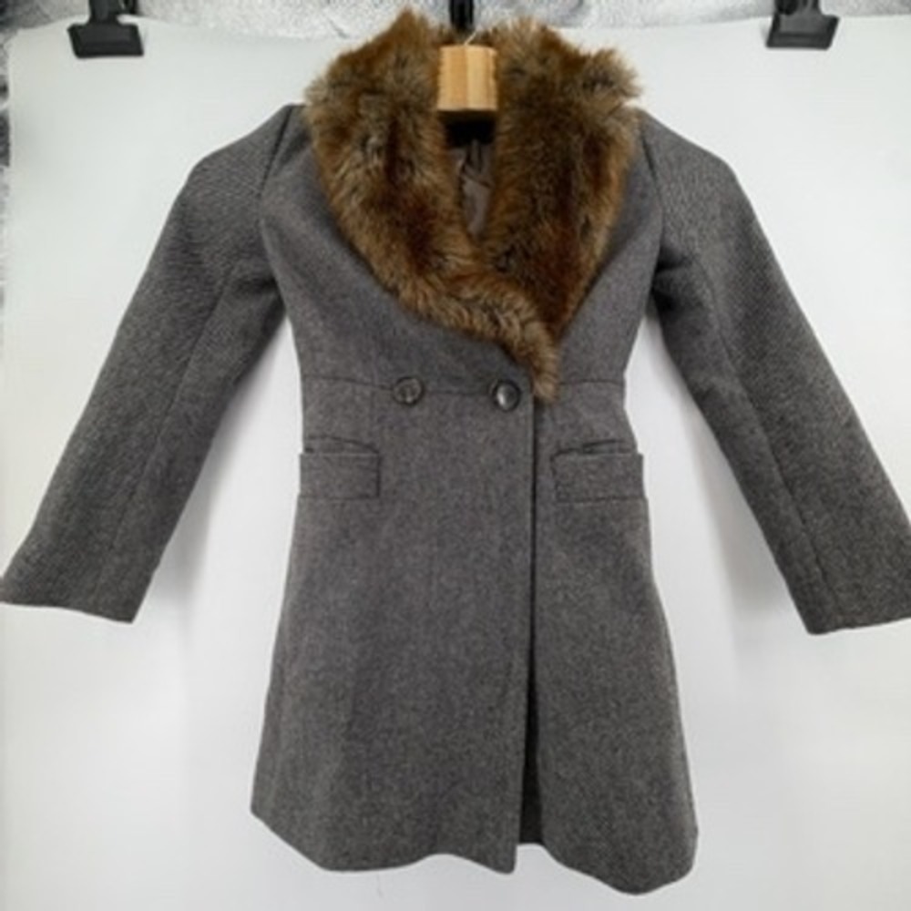 French Connection Womens Wool Blend Coat Faux Fur Collar Double‎ Breasted Gray 4